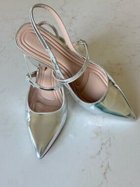 BCBGeneration Metallic Silver Pointed Sling Heels